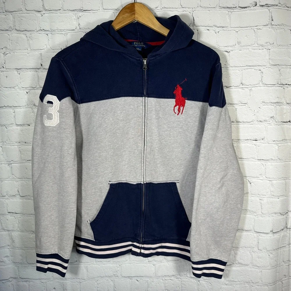 Polo Ralph Lauren Kids Navy Gray Colorblock Big Pony Zip Hoodie Size XL 18-20